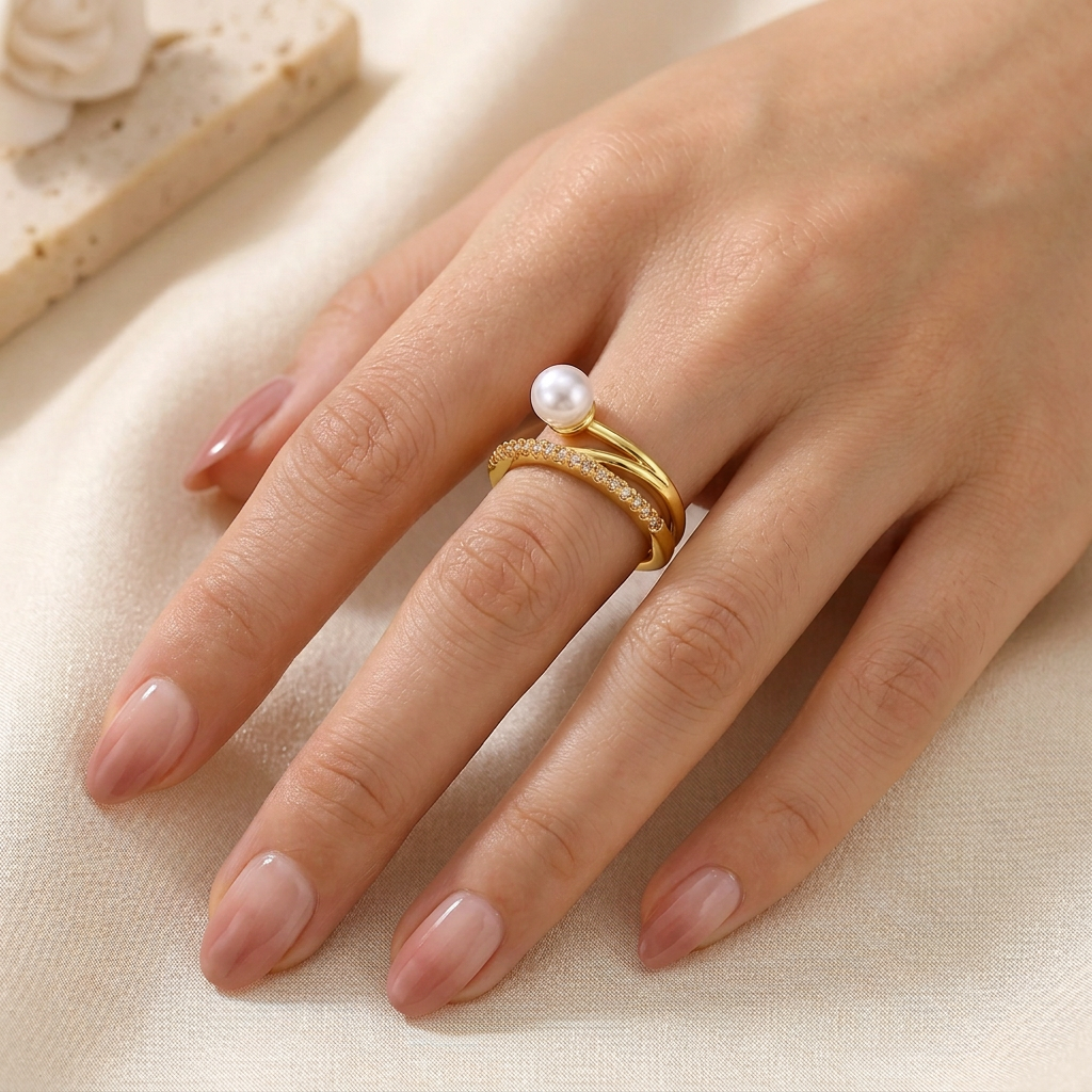 Anillo Dorado con Perla y Brillos | Galú Accesorios