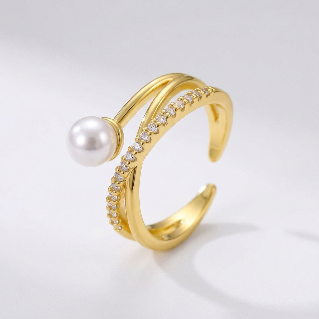 Anillo Dorado con Perla y Brillos | Galú Accesorios