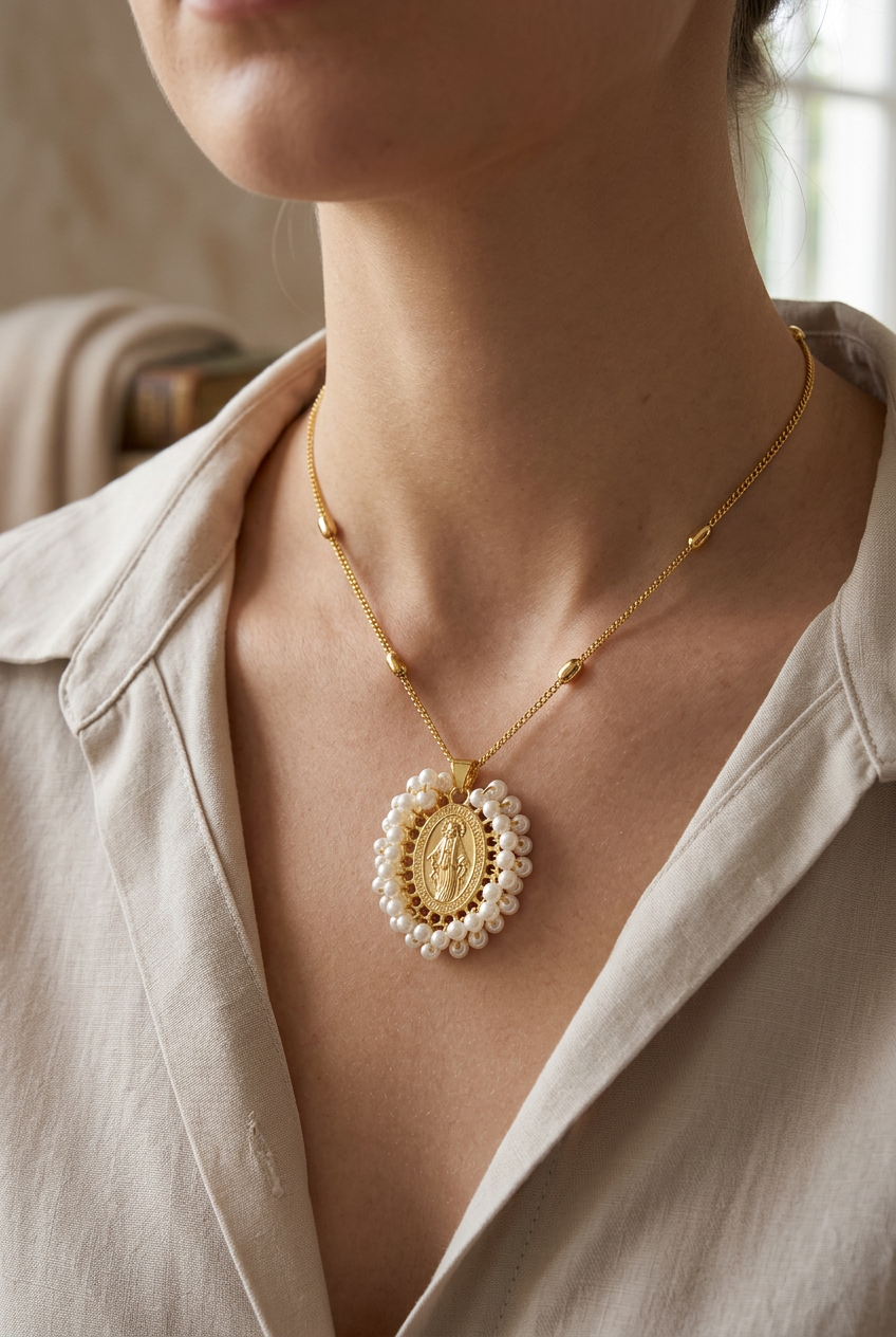 Collar de San Benito dorado con perlas