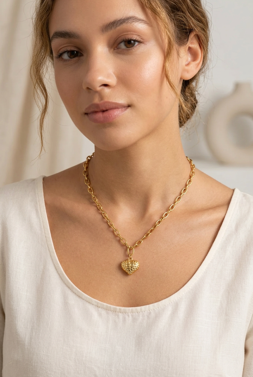 Collar Corazón Dorado de Acero Inoxidable para Mujer