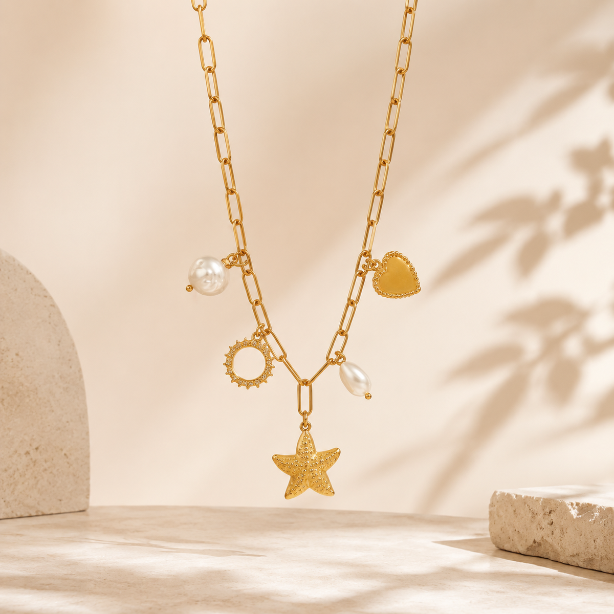 Collar dorado con charms y colgantes decorativos para mujer
