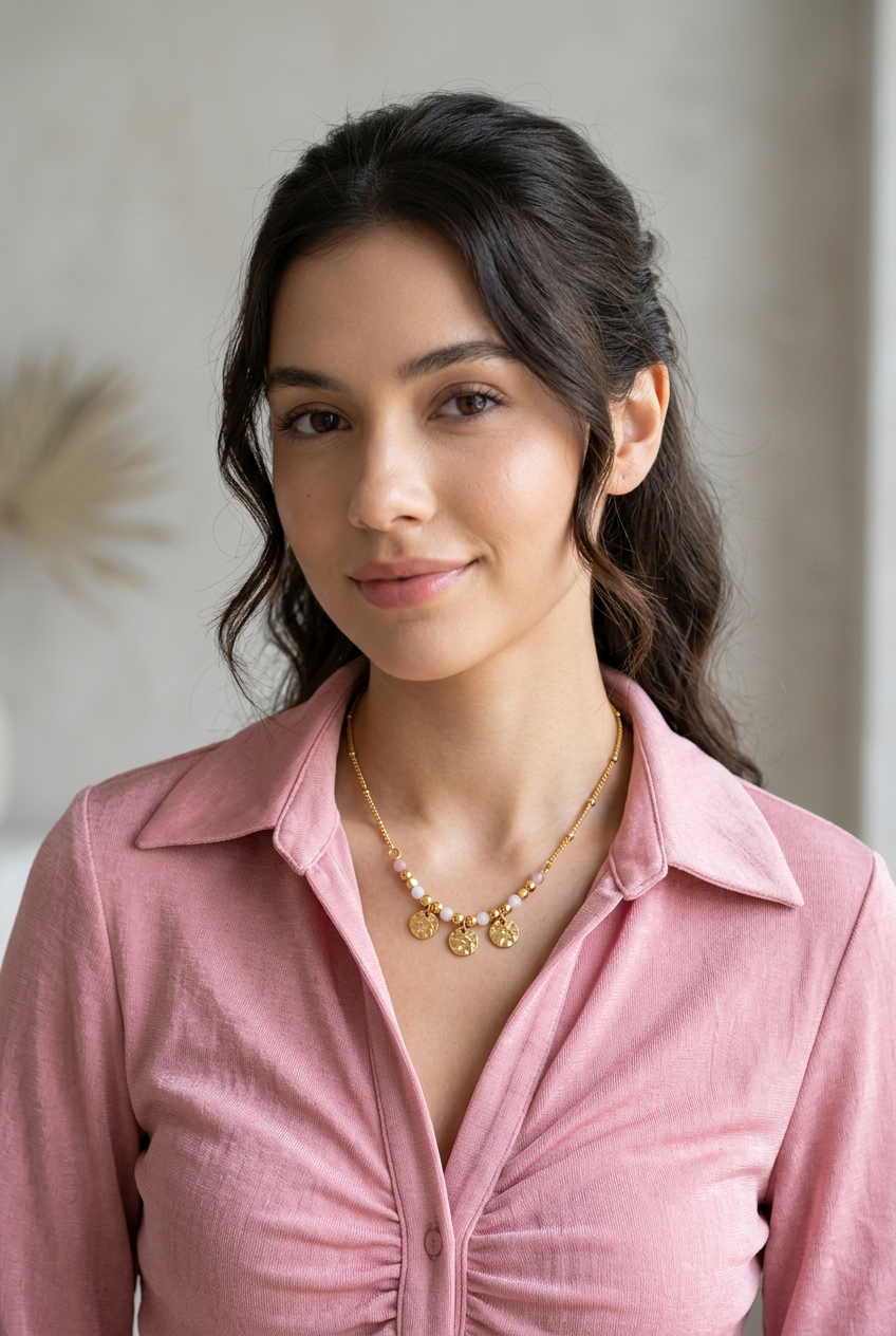 Collar Dorado con Cuentas y Medallas Martilladas