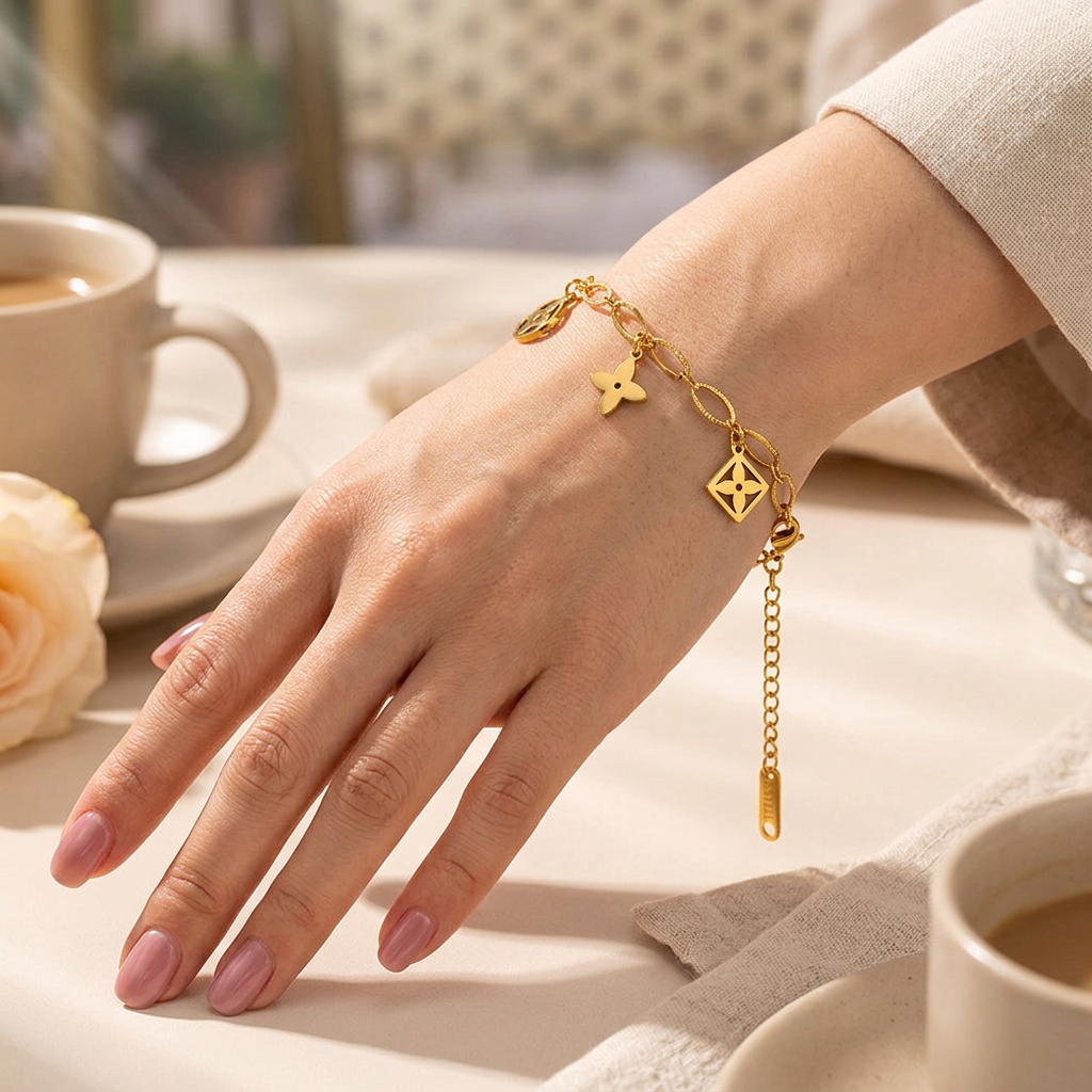 Pulsera Dorada con Charms de Flores | Acero Inoxidable