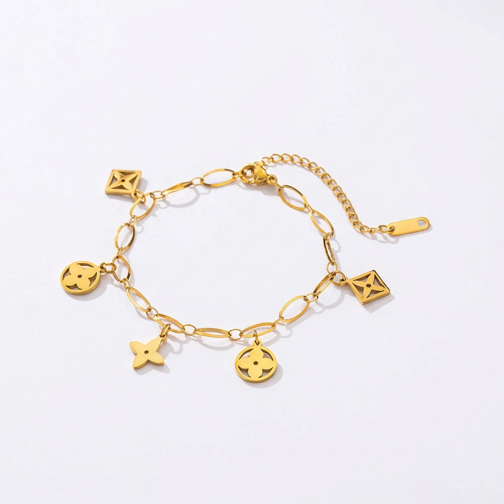 Pulsera Dorada con Charms de Flores | Acero Inoxidable