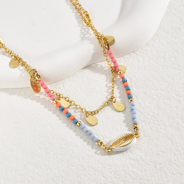 Collar Doble Capa Dorado con Cuentas de Colores y Concha