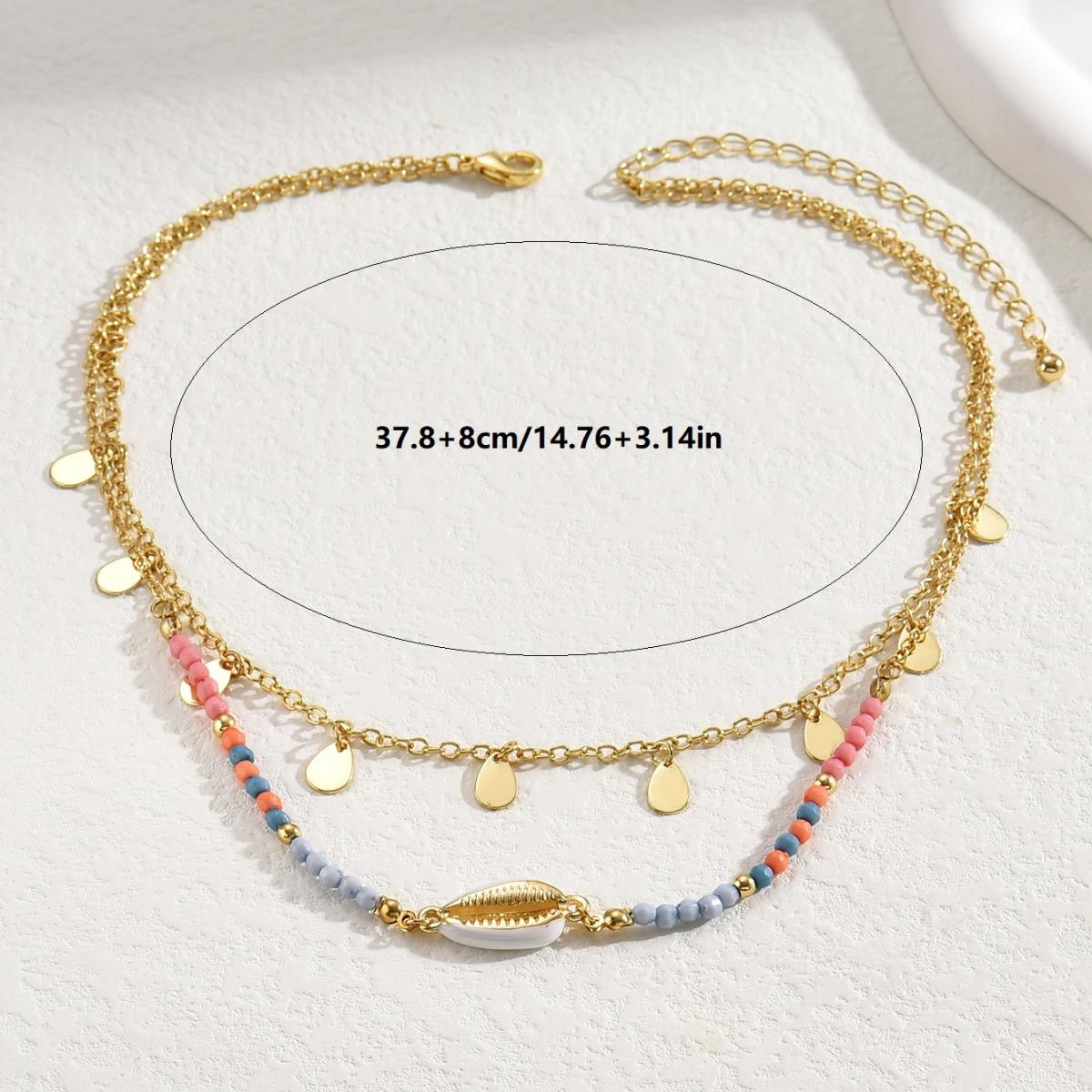 Collar Doble Capa Dorado con Cuentas de Colores y Concha