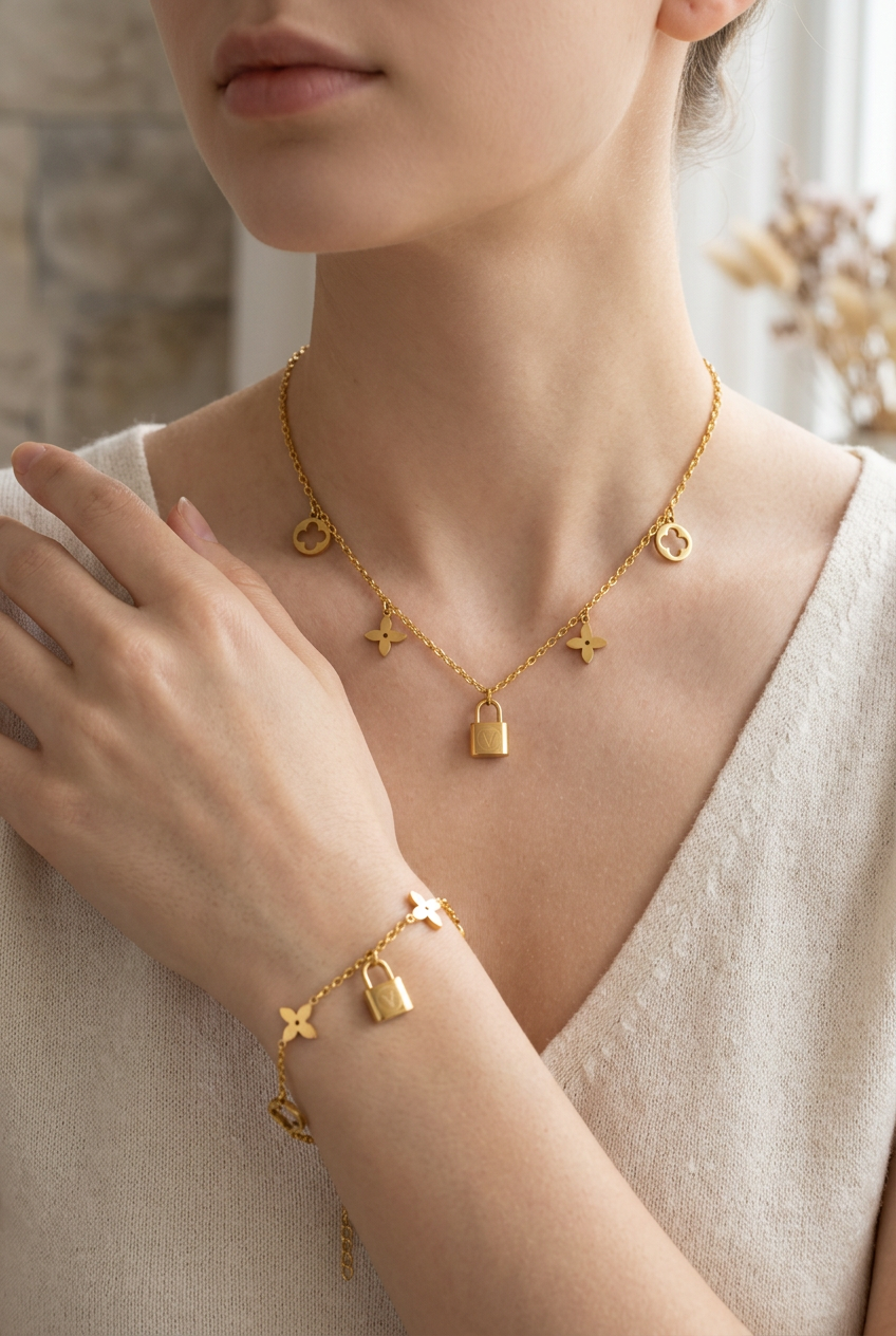 Conjunto Collar y Pulsera Dorado con Candado y Flores