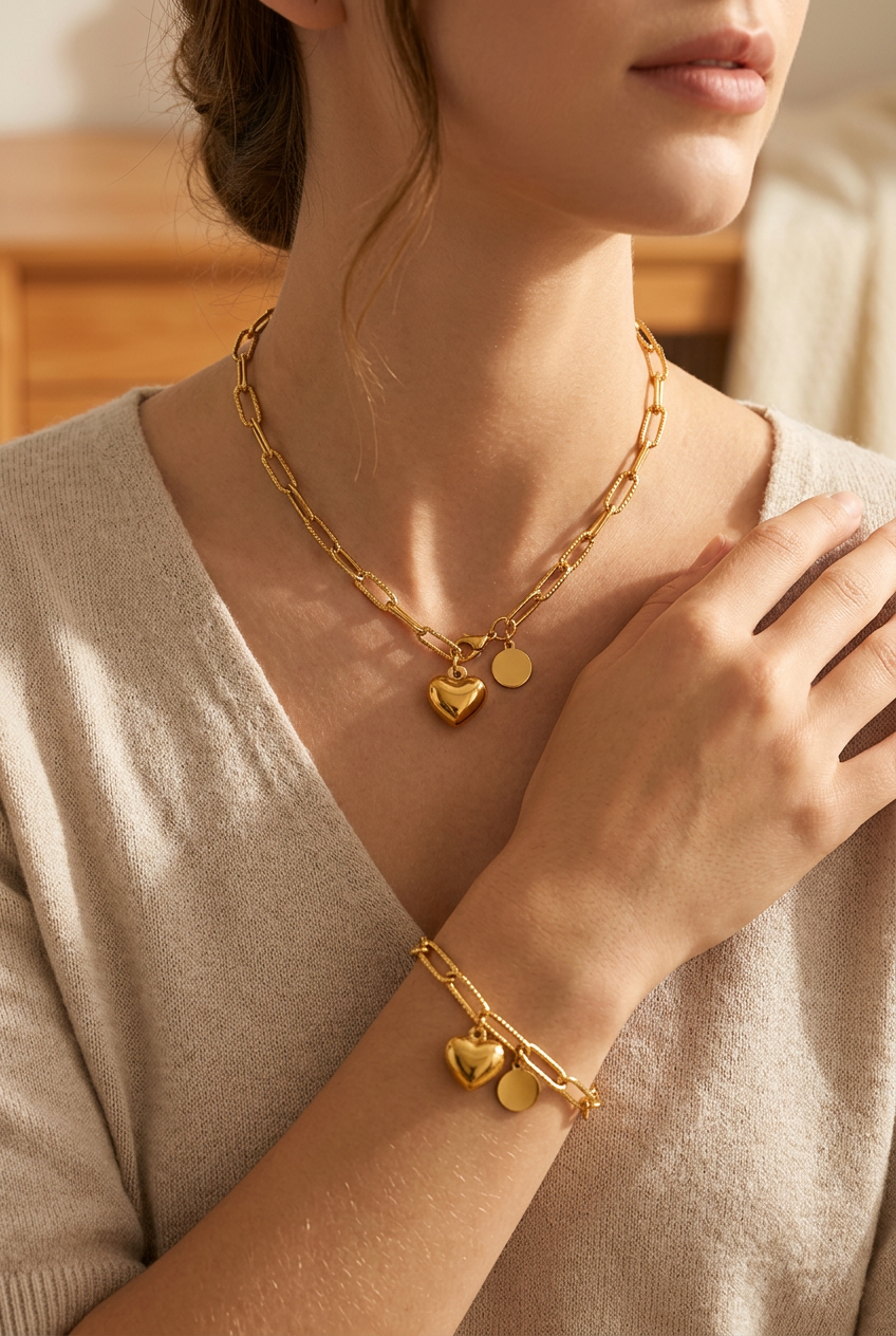 Conjunto Collar de Clip y Pulsera Dorado con Corazón
