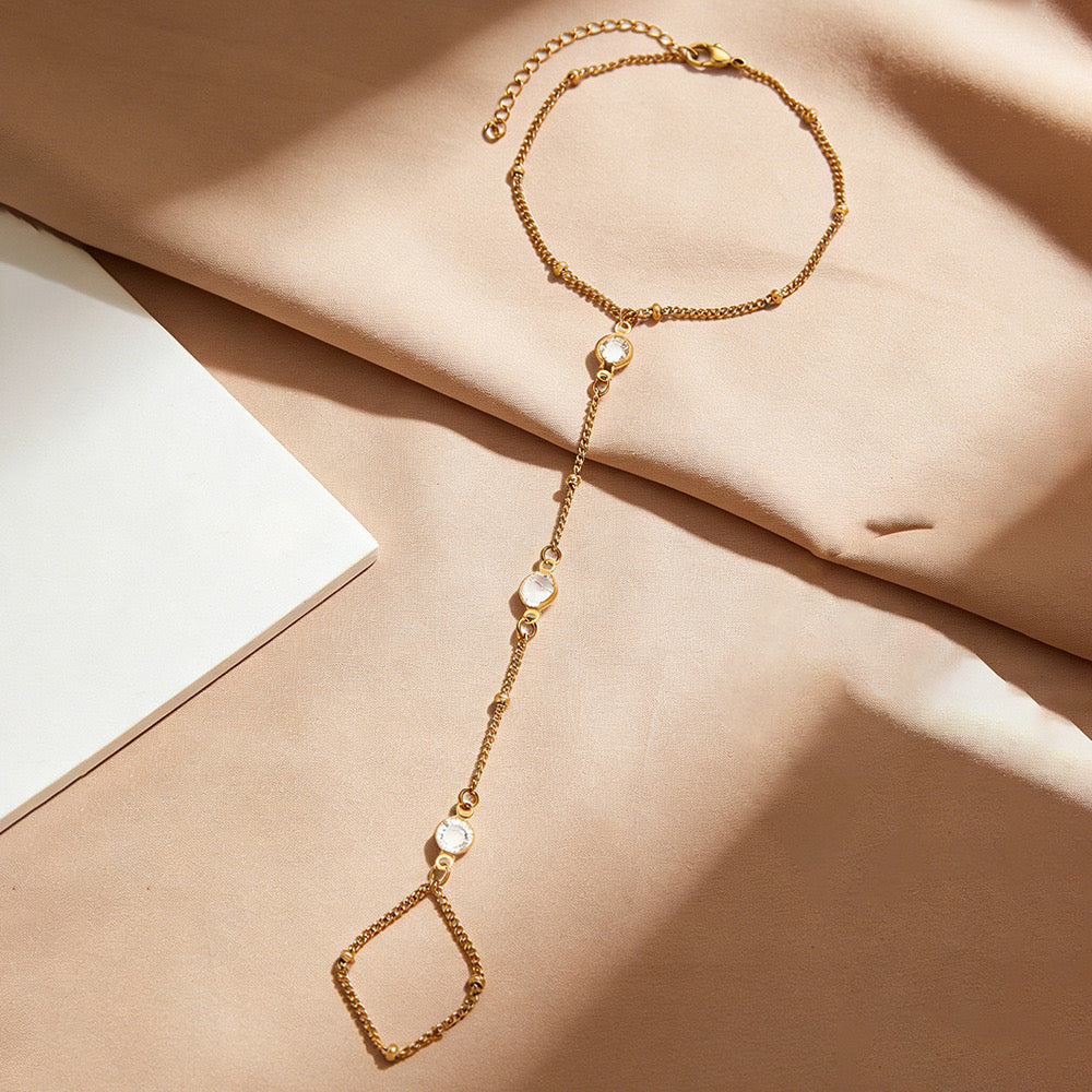 Pulsera con Anillo Dorada | Cadena de Mano con Cristales