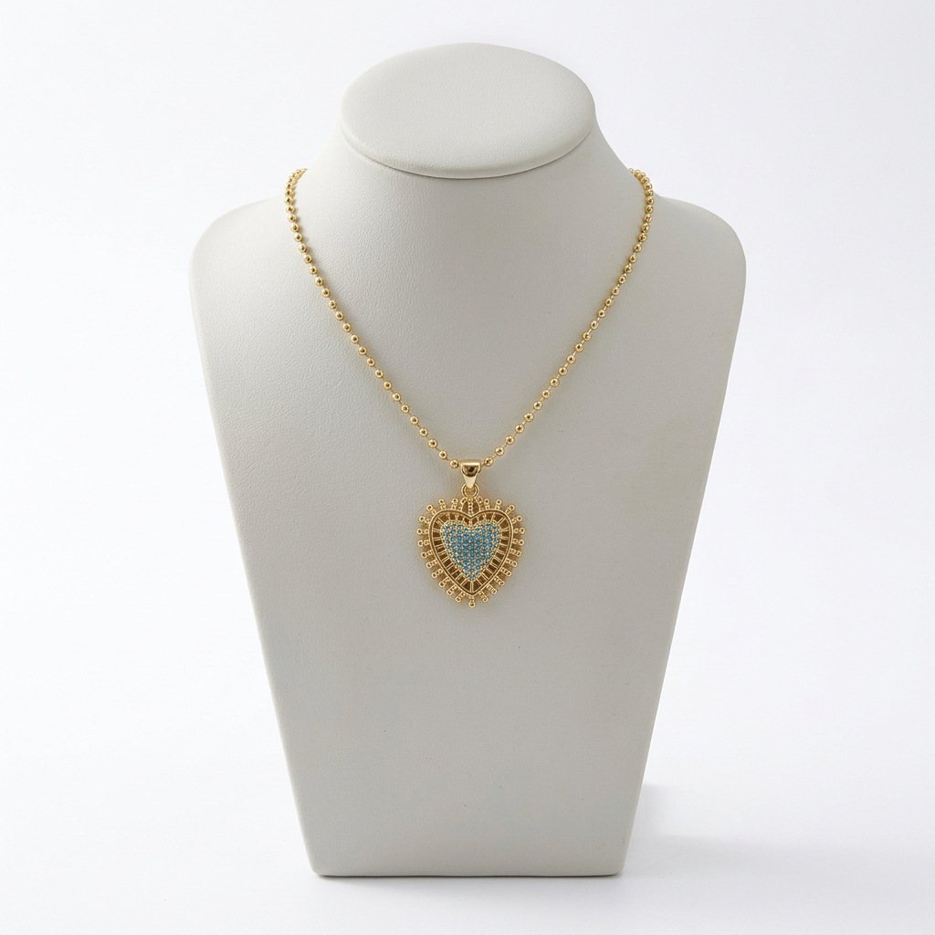 Collar Corazón Dorado con Circonitas Turquesa