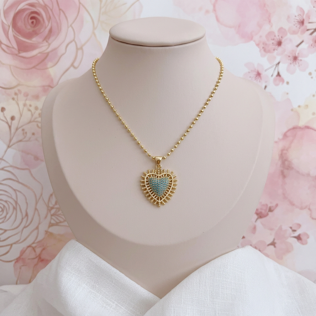 Collar Corazón Dorado con Circonitas Turquesa