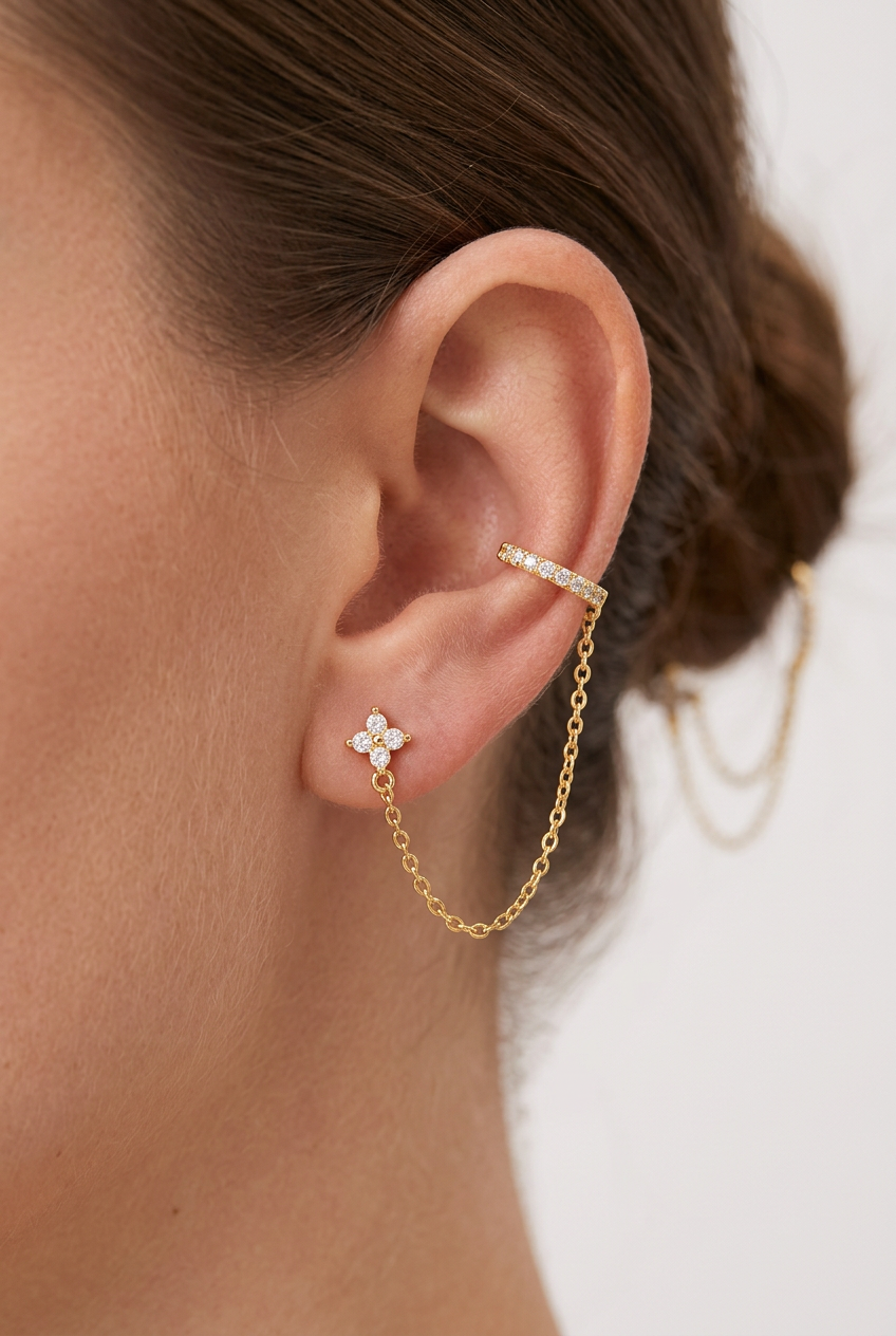 Pendientes Dorados con Cadena y Ear Cuff de Circonitas