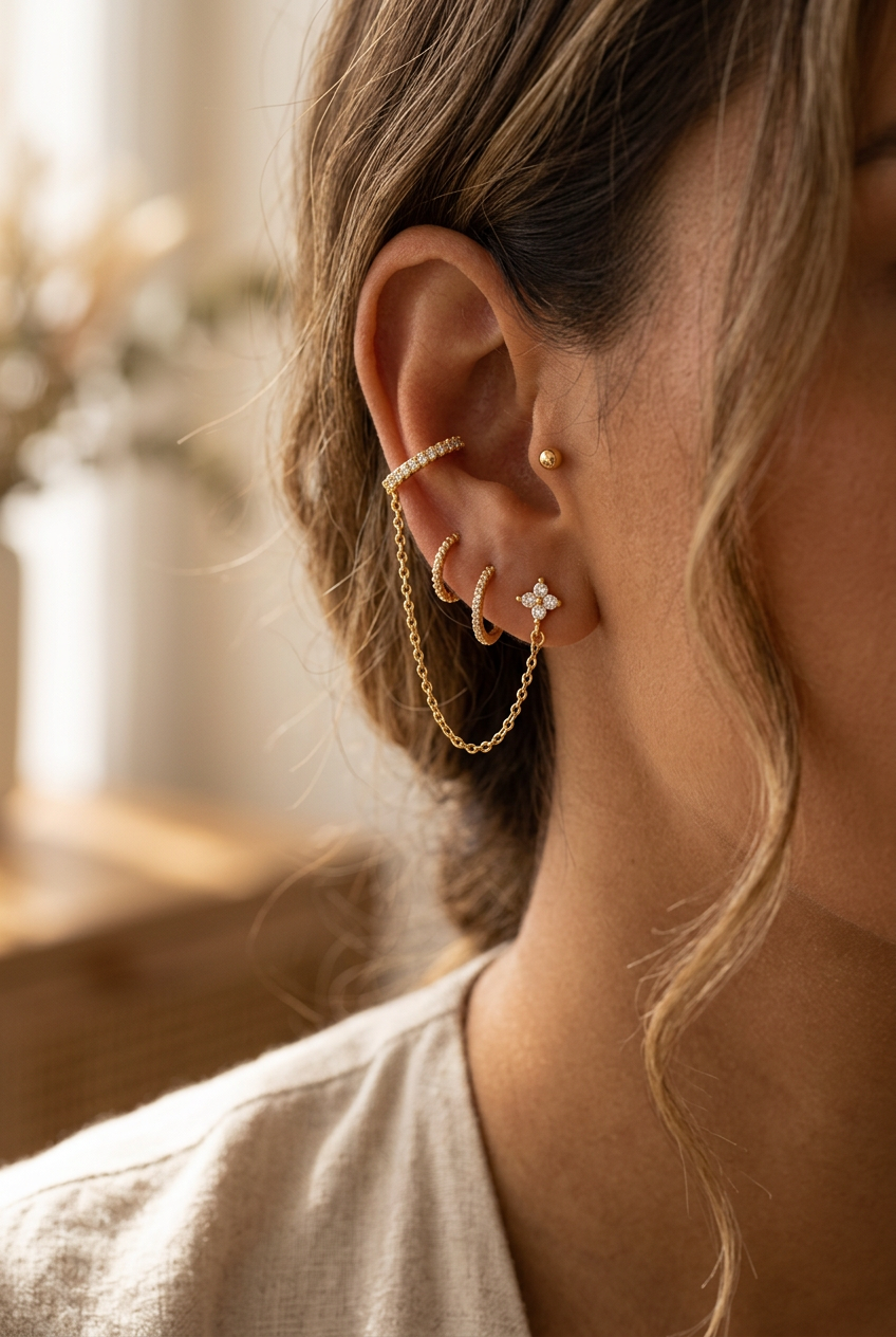 Pendientes Dorados con Cadena y Ear Cuff de Circonitas