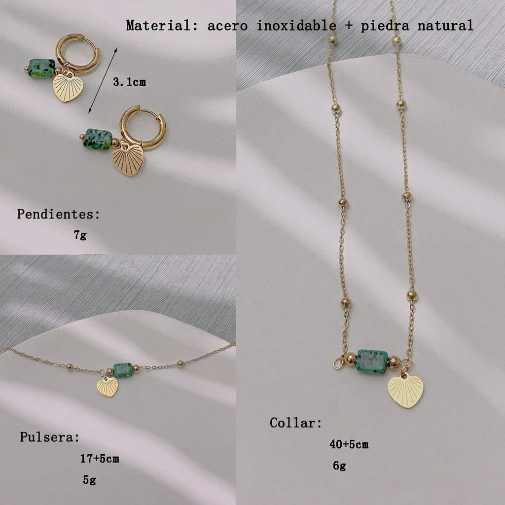 Conjunto Collar, Pulsera y Pendientes Dorado Piedra turquesa