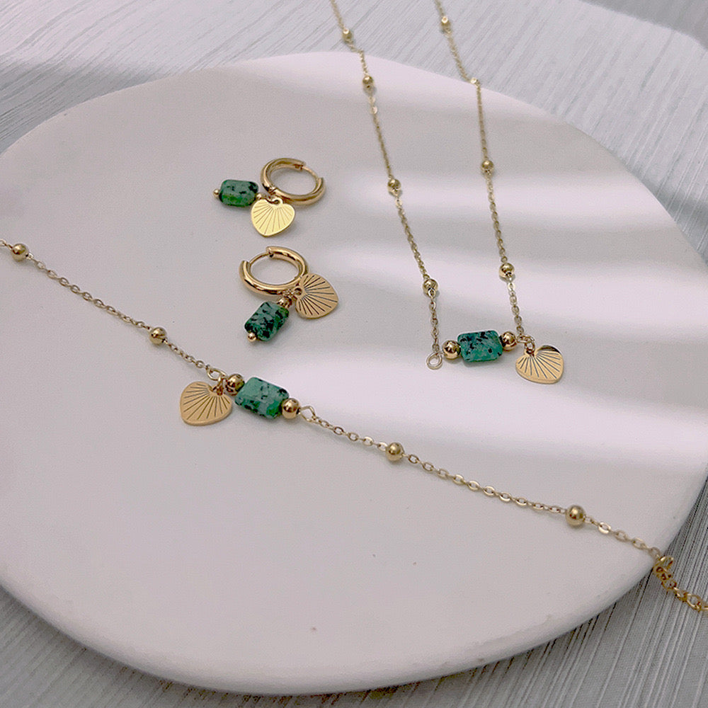 Conjunto Collar, Pulsera y Pendientes Dorado Piedra turquesa