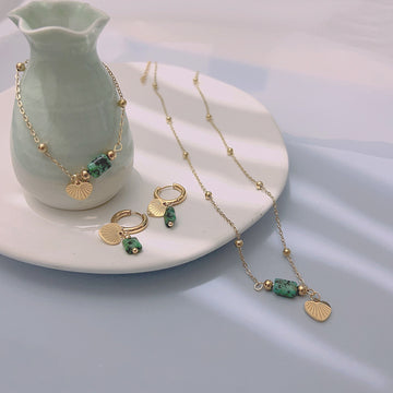 Conjunto Collar, Pulsera y Pendientes Dorado Piedra turquesa