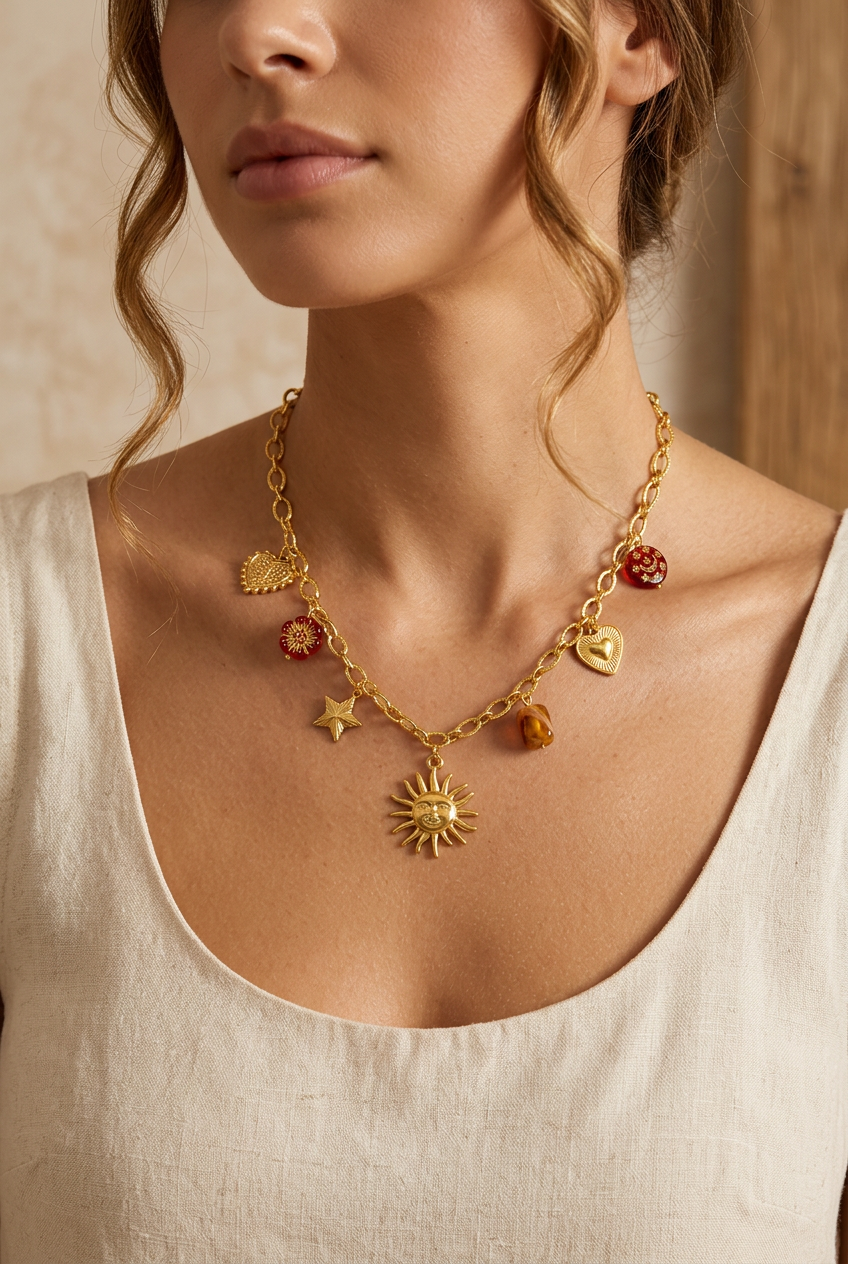 Collar Dorado con Charms: Sol, Corazones y Cuentas Rojas