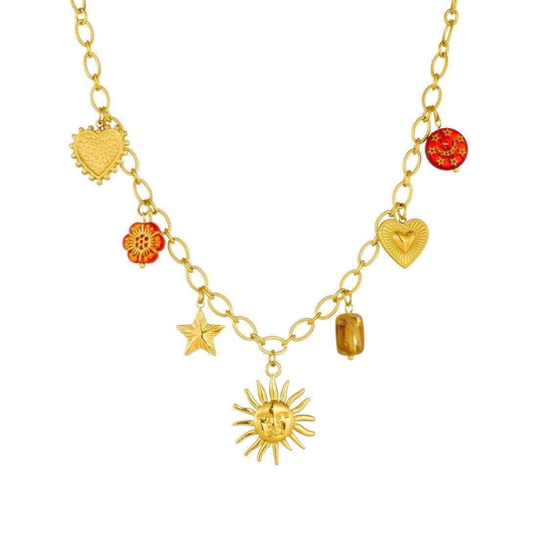 Collar Dorado con Charms: Sol, Corazones y Cuentas Rojas