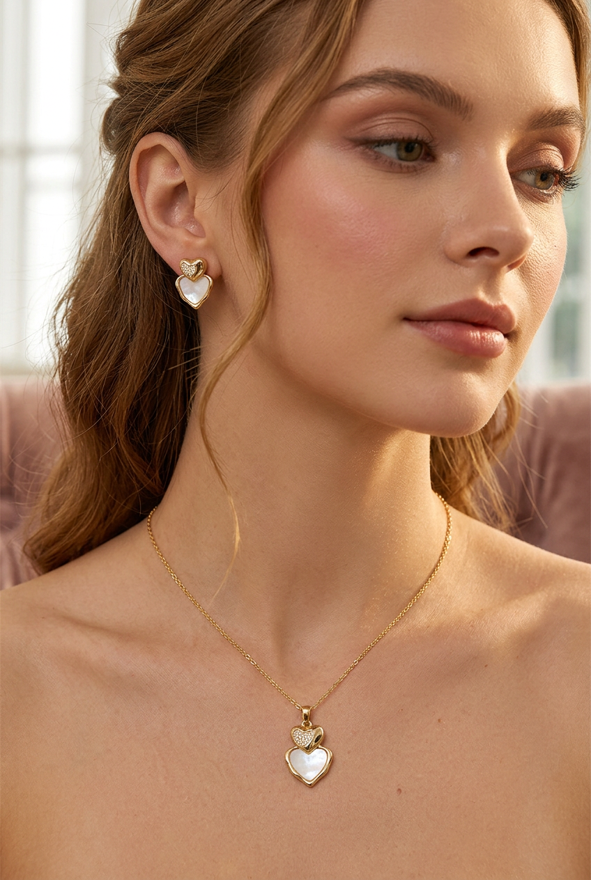 Conjunto de Joyas Doradas con Collar y Pendientes de Nácar en Forma de Corazón