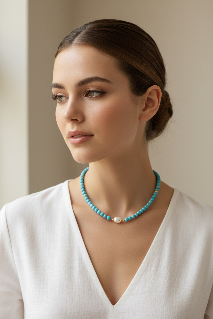 Collar de Piedras Turquesa con Perla