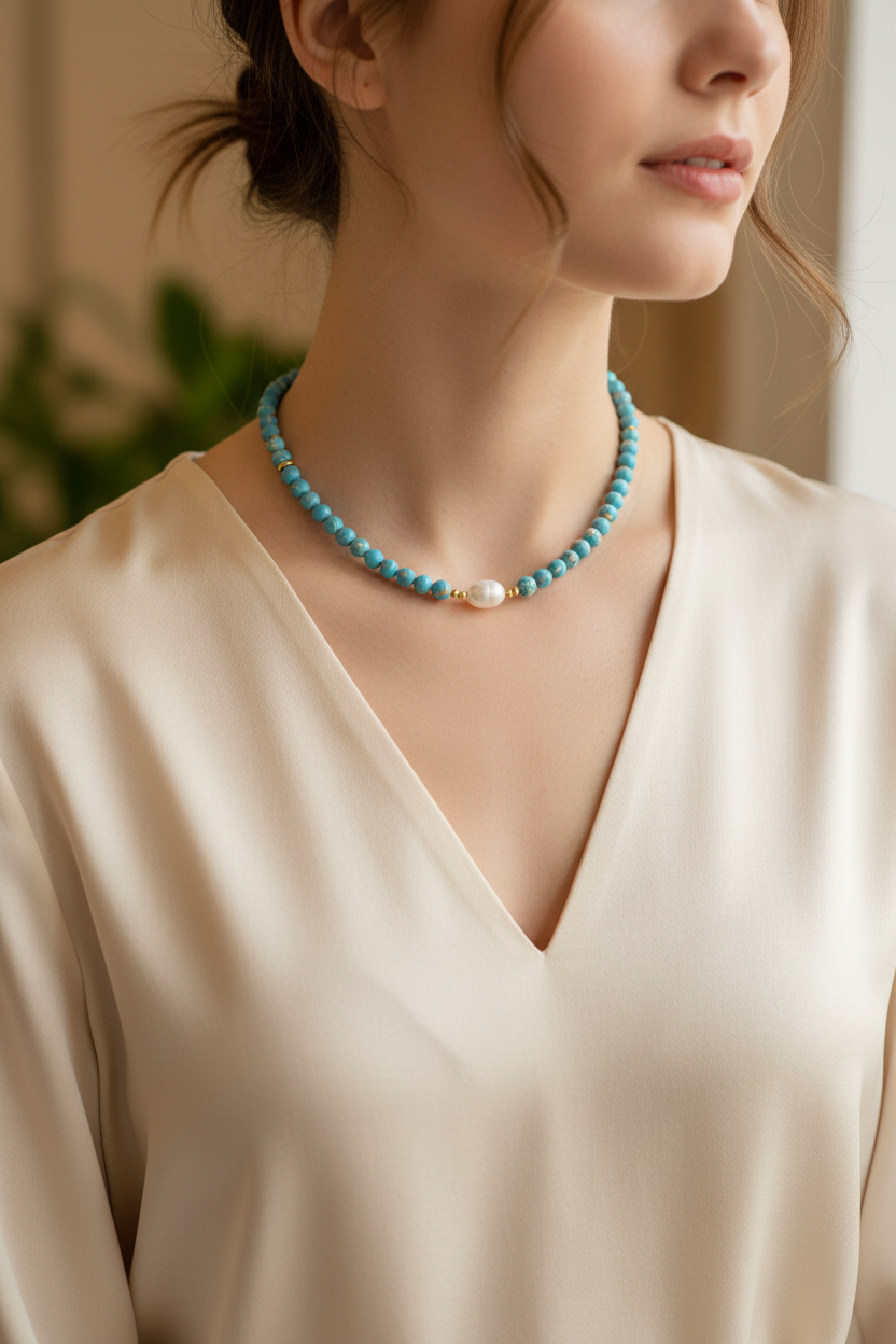 Collar de Piedras Turquesa con Perla