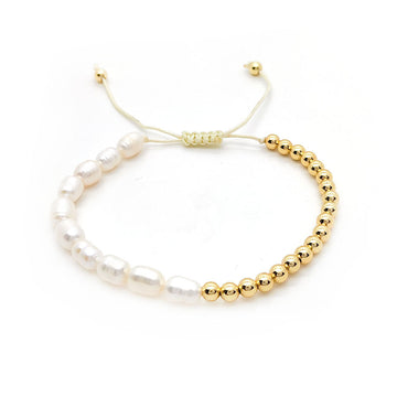Pulsera Ajustable con Perlas Naturales y Cuentas Doradas