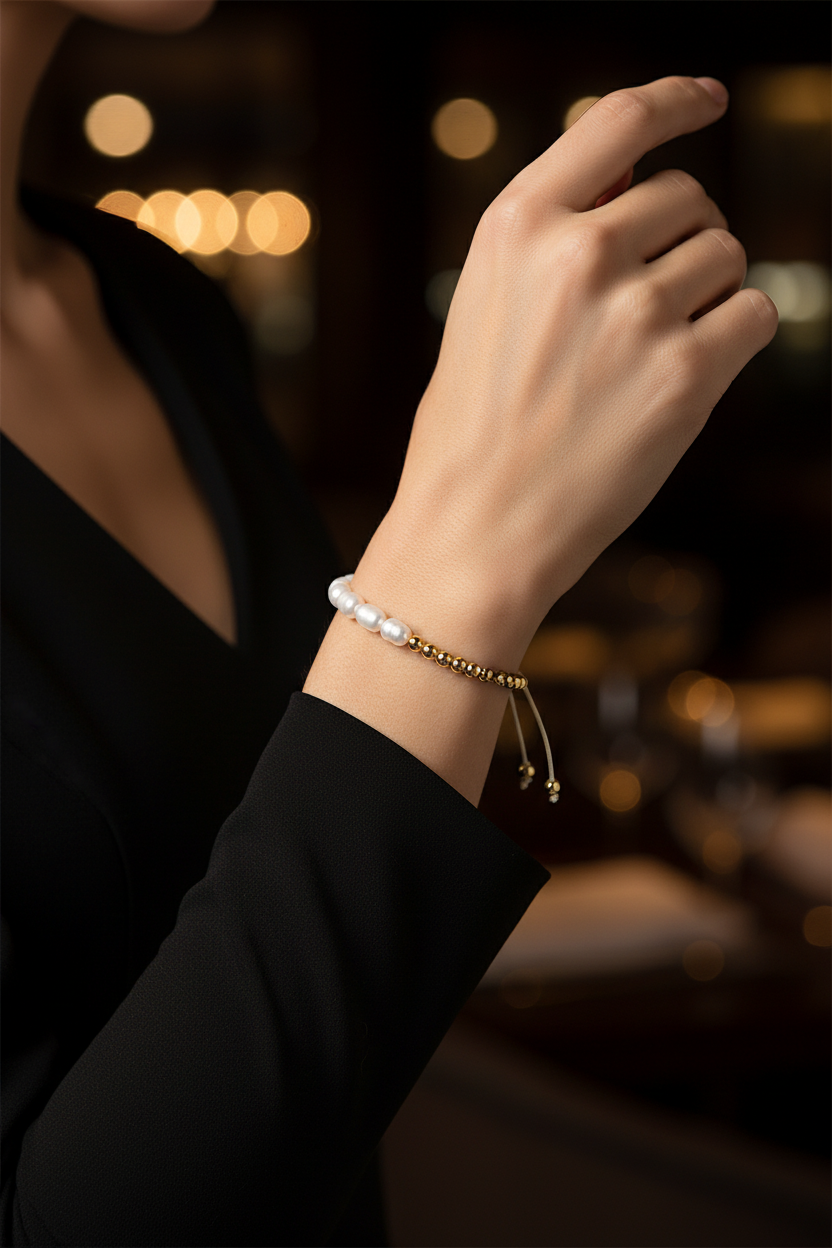 Adjustable Bracelet with Natural Pearls and Gold Beads