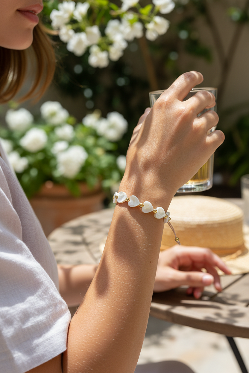 Brazalete de perlas con corazones de Nácar