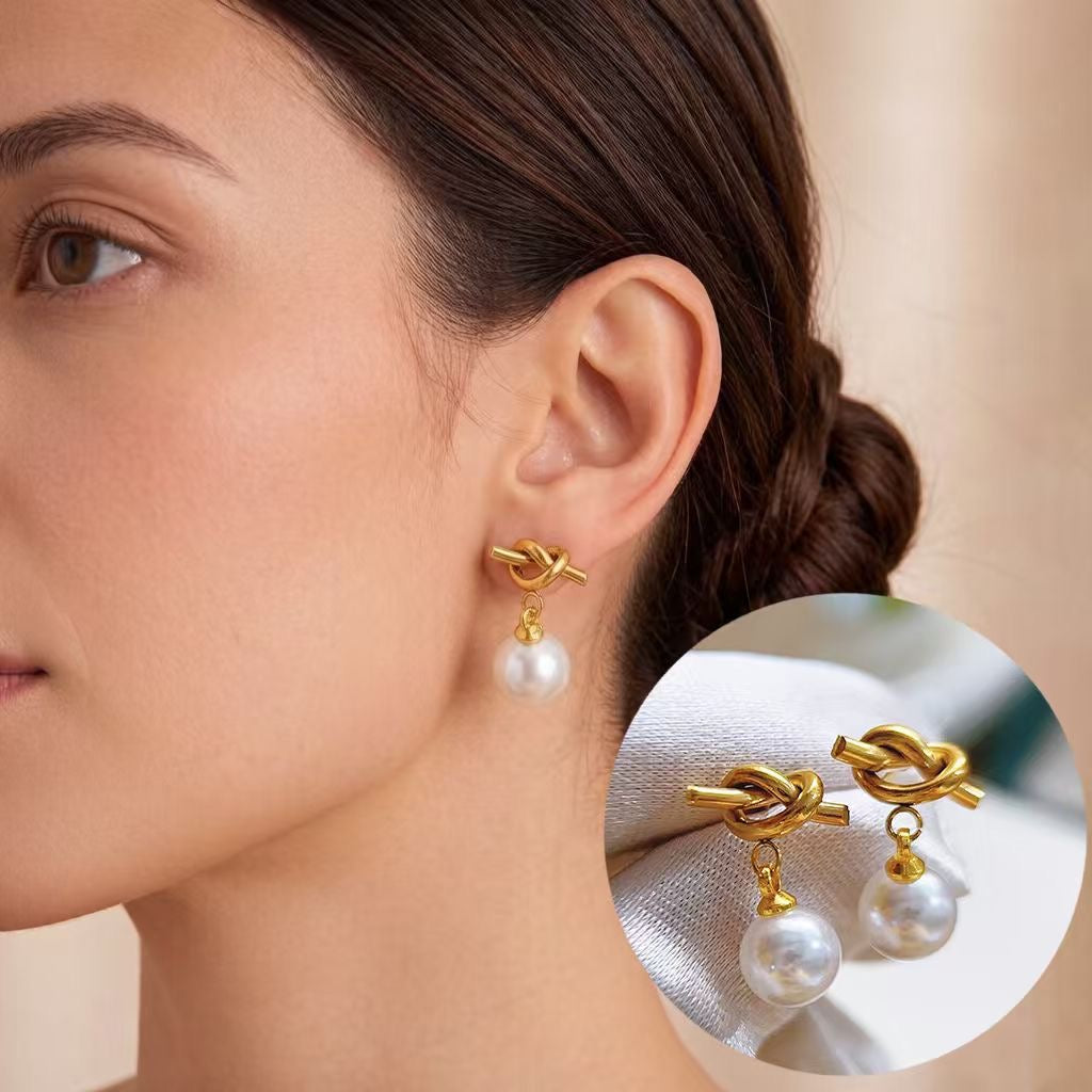Gold Knot Pearl Earrings