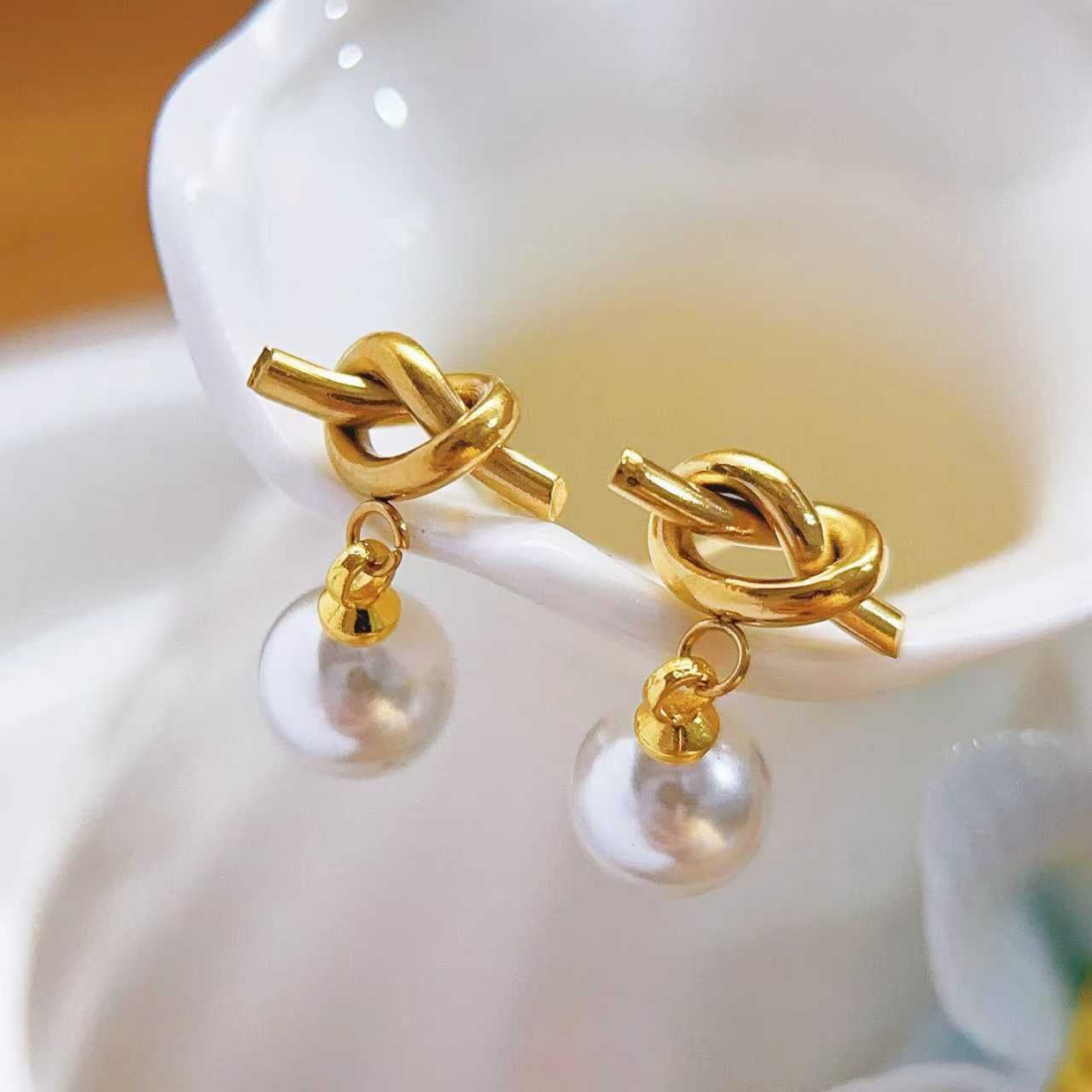 Gold Knot Pearl Earrings