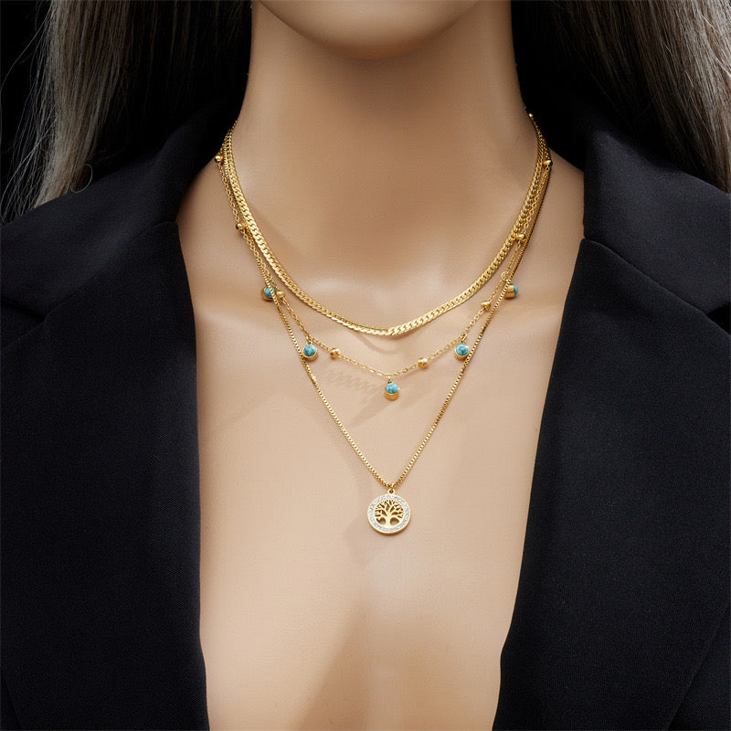 Collar Multicapas con Cuentas Turquesas y Árbol de la Vida